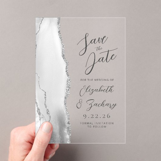 Invitations En Acrylique Agate Grey White Silver Modern Script Mariage (In situ (ordinateur de poche))