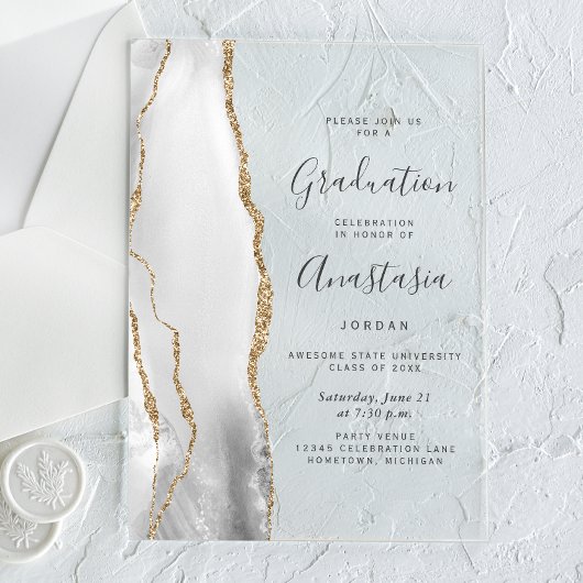 Invitations En Acrylique Agate gris blanc or gris diplôme