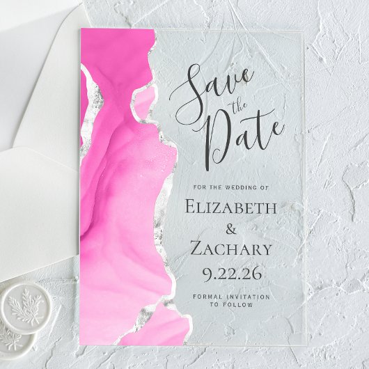 Invitations En Acrylique Agate moderne Pink Silver Wedding Enregistrer la d