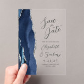 Invitations En Acrylique Agate Navy Blue Silver Modern Script Mariage (In situ (ordinateur de poche))