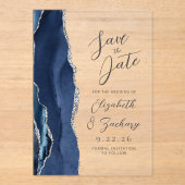 Invitations En Acrylique Agate Navy Blue Silver Modern Script Mariage (Recto)