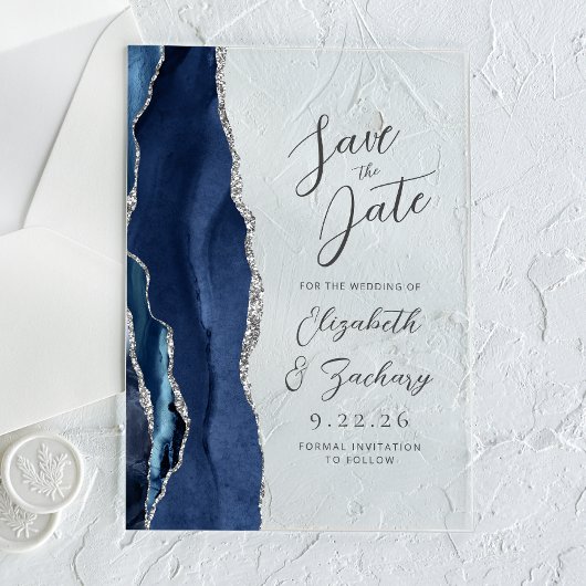 Invitations En Acrylique Agate Navy Blue Silver Modern Script Mariage