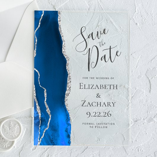 Invitations En Acrylique Agate Royal Blue Silver Wedding Enregistrer la dat