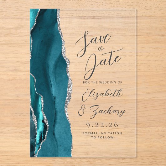 Invitations En Acrylique Agate Turquoise Silver Script Wedding Enregistrer (Recto)