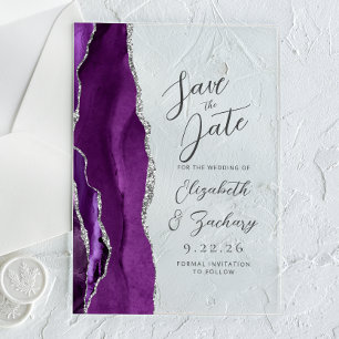 Invitations En Acrylique Agate Violet Argent Écriture Mariage Enregistrez l