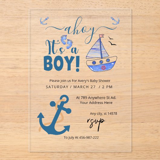 Invitations En Acrylique Ahoy C'est un garçon Ancre Baby shower nautique Bl (Recto)