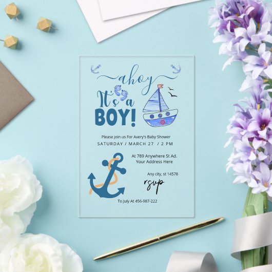 Invitations En Acrylique Ahoy C'est un garçon Ancre Baby shower nautique Bl (Insitu (Mariage))
