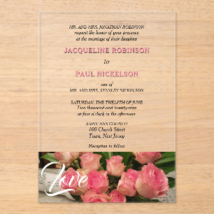 Invitations En Acrylique Aimer Rose Roses Mariée et Groom Clear