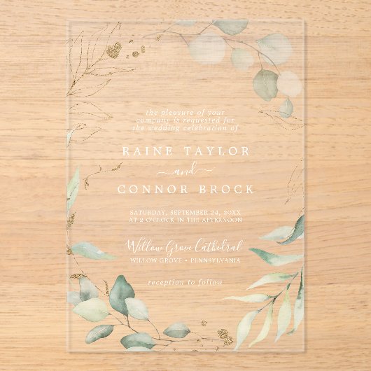 Invitations En Acrylique Airy Greenery Gold Leaf Blanc Boho Mariage moderne (Recto)