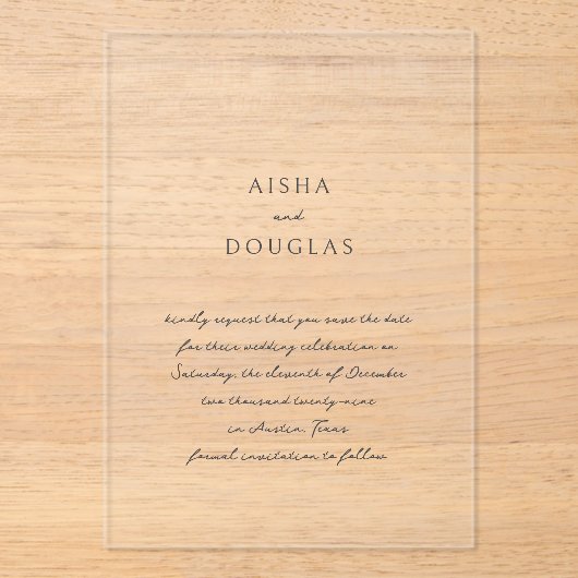 Invitations En Acrylique Aisha Elegant Mariage moderne Enregistrer la date (Recto)