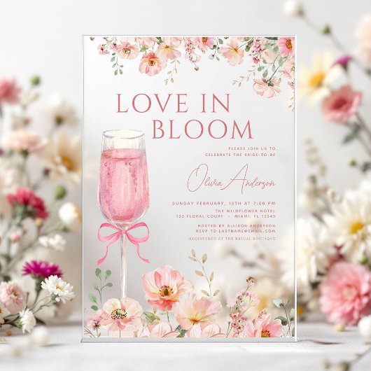 Invitations En Acrylique Amour en Fleur Champagne Fête des mariées Bow Rose