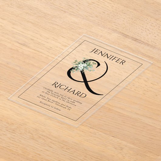 Invitations En Acrylique Ampersand, fleurs blanches et mariage eucalyptus (Poser)