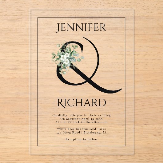 Invitations En Acrylique Ampersand, fleurs blanches et mariage eucalyptus (Recto)
