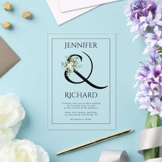 Invitations En Acrylique Ampersand, fleurs blanches et mariage eucalyptus (Insitu (Mariage))
