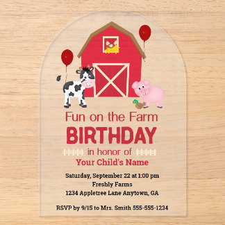 Invitations En Acrylique Amusement à la ferme Anniversaire personnalisé ave