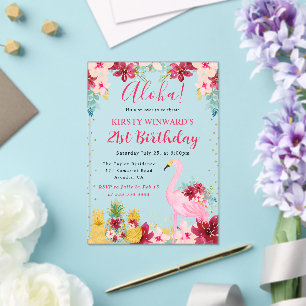 Invitations En Acrylique Ananas rose et or & Flamant rose 21e anniversaire