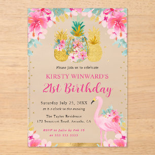 Invitations En Acrylique Ananas rose et or & Flamant rose 21e anniversaire