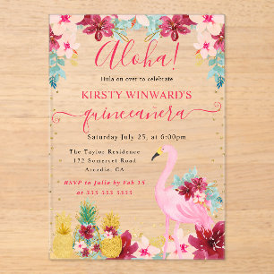 Invitations En Acrylique Ananas rose et or & Flamant rose Quinceanera