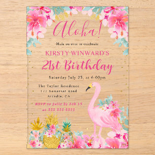 Invitations En Acrylique Ananas roses et dorés & Flamant rose 21e anniversa