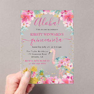 Invitations En Acrylique Ananas roses et dorés & Quinceañera flamant rose