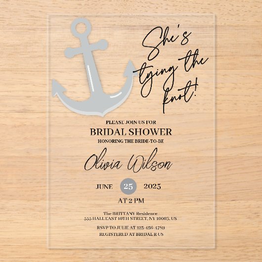 Invitations En Acrylique Anchor Tying the Knot Nautical Bridal Shower  (Recto)
