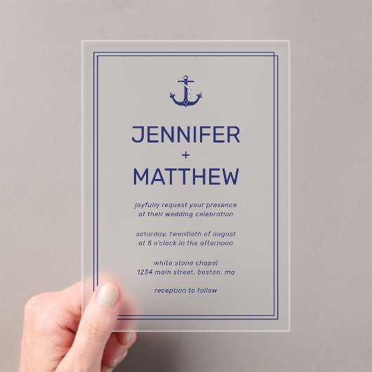 Invitations En Acrylique Ancre bleu marine  moderne Mariage de script (In situ (ordinateur de poche))