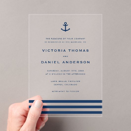 Invitations En Acrylique Ancre bleue marine moderne Mariage nautique (In situ (ordinateur de poche))