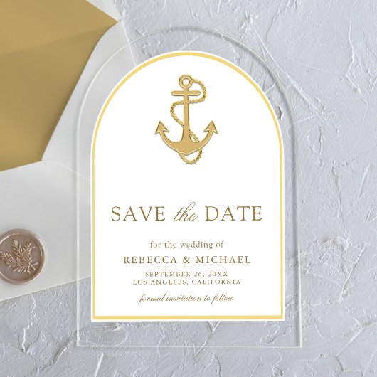 Invitations En Acrylique Ancre d'or nautique mariage Enregistrer la date