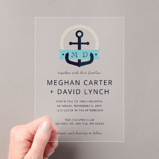 Invitations En Acrylique Ancre marine moderne Monogramme nautique Mariage I (In situ (ordinateur de poche))