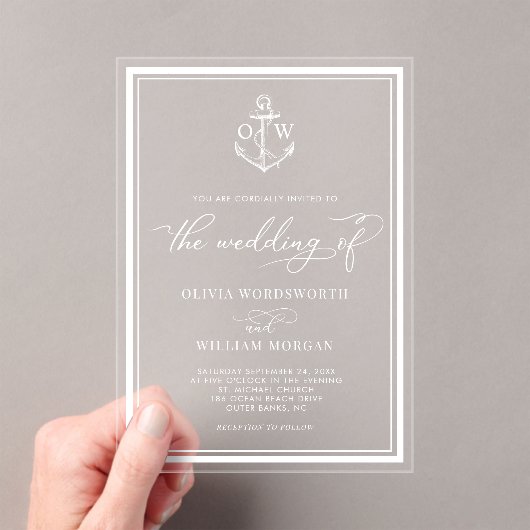 Invitations En Acrylique Ancre nautique Monogramme Cadre Mariage blanc (In situ (ordinateur de poche))