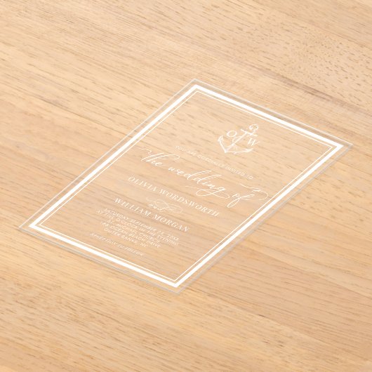 Invitations En Acrylique Ancre nautique Monogramme Cadre Mariage blanc (Poser)