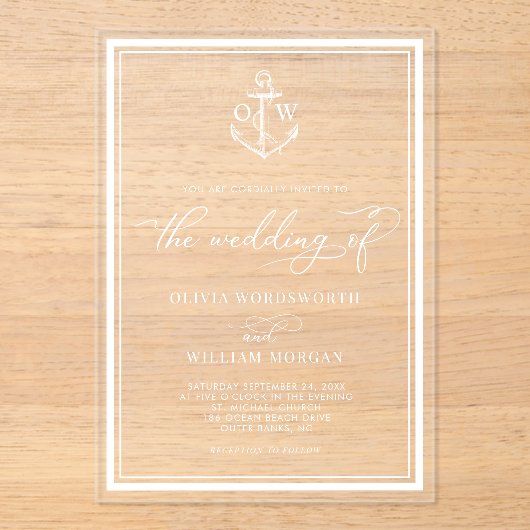 Invitations En Acrylique Ancre nautique Monogramme Cadre Mariage blanc (Recto)