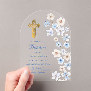 Invitations En Acrylique Anémones Blanches Bleues Arche Baptême