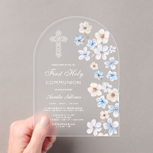 Invitations En Acrylique Anémones Bleues et Blanches pour la Première Commu