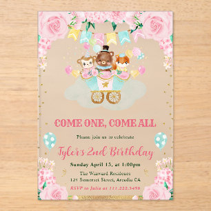 Invitations En Acrylique Animaux de cirque rose aquarelle pour fête d'anniv