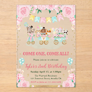 Invitations En Acrylique Animaux de cirque rose aquarelle pour fête d'anniv