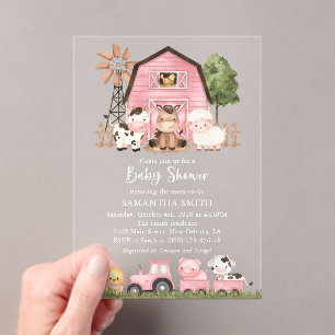 Invitations En Acrylique Animaux de la ferme, Animaux mignons, Grange rose,
