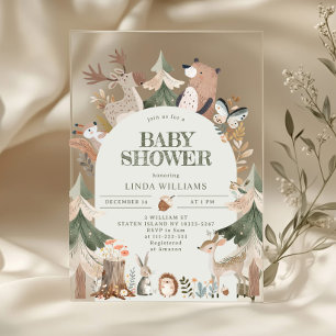 Invitations En Acrylique Animaux de la forêt genre neutre Baby shower rusti
