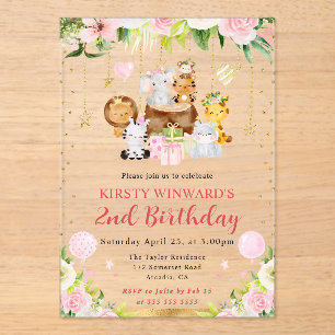 Invitations En Acrylique Animaux de la jungle rose aquarelle pour l'anniver
