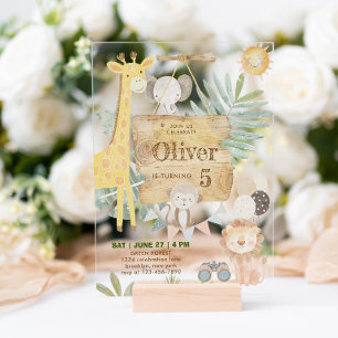 Invitations En Acrylique Animaux de la jungle Safari Fête d'anniversaire en