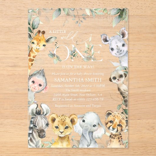 Invitations En Acrylique Animaux de la jungle, Safari, Un sauvage, Baby sho (Recto)
