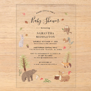 Invitations En Acrylique Animaux Rustiques de la Forêt pour Baby Shower d'A