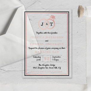 Invitations En Acrylique Anneaux de mariage à monogramme en feuille d'or ro