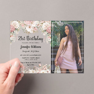 Invitations En Acrylique Anniversaire 21 ans floral rose photo party modern