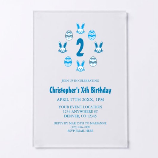 Invitations En Acrylique Anniversaire 2 ans de Pâques Bleu