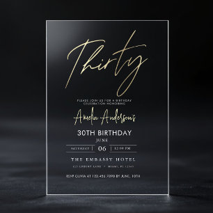Invitations En Acrylique Anniversaire 30 ans Minimaliste Or Écriture Élégan