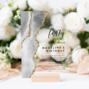 Invitations En Acrylique Anniversaire 40 ans Géode d'agate or argent Minima