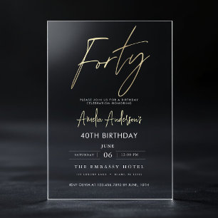 Invitations En Acrylique Anniversaire 40 ans Minimaliste Or Écriture Élégan