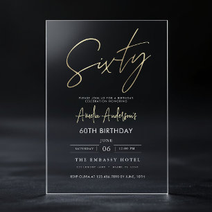 Invitations En Acrylique Anniversaire 60 ans écriture élégante or minimalis