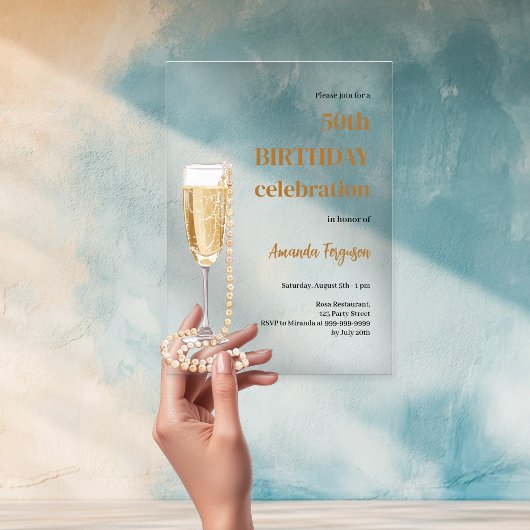 Invitations En Acrylique Anniversaire blanc or mousseux perles de vin clair